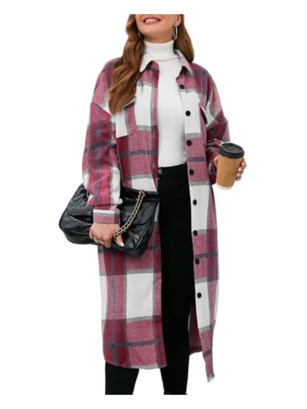 Women's Flannel Plaid Shacket Button Down Oversized Long Midi Wool Blend Coat